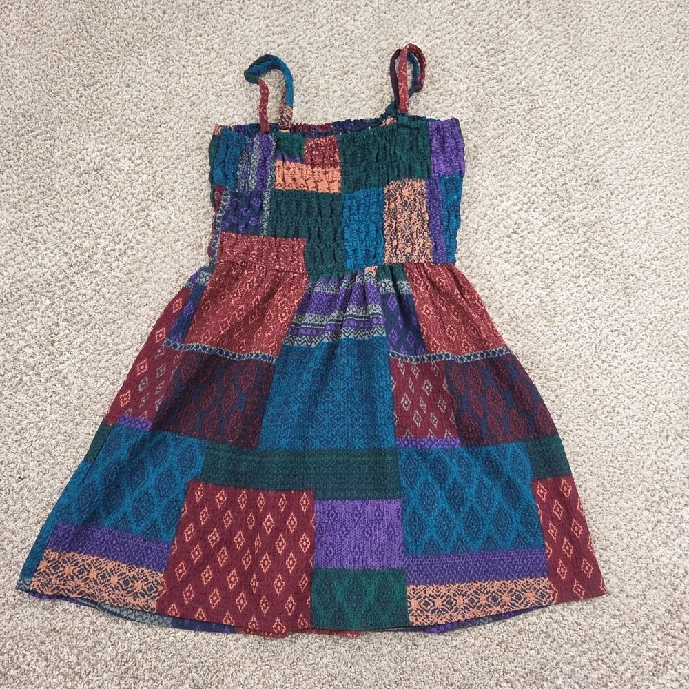 Earthbound Trading Co Patchwork Boho Smocked Bodice Spaghetti Strap Dress Small